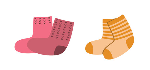 pair of cute knitted socks, vector flat illustration, isolated, cartoon.