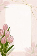 Tulips water colour hand paint with golden frame on marble background,Vector spring flower, illustration beautiful Pink Bouquet flora with copy space for Wedding Invitation, Mother day, Valentine day