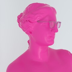 3D illustration of a Venus Goddess sculpture with a pink sunglasses. Modern pop art style.