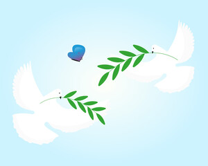 symbol of friendship is a white dove with an olive branch and a butterfly. concept of peace and freedom or life without war. Vector illustration in a flat style