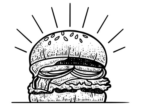 recommend clip art: Burger. Big sandwich. Line art sketch picture. Hand drawn.