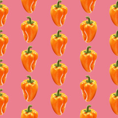 Illustration realism seamless pattern vegetable paprika orange color on a blue background. Sweet bell pepper. High quality illustration