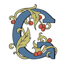 Letters G Drop Caps. Vector hand-drawing letter. Fabulous ornament with a berries.