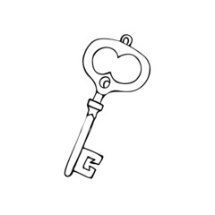 Sketch of an old vintage handmade door key on a white background.