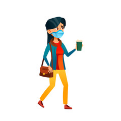 Teen Girl Wearing Mask Walk With Coffee Cup Vector. Asian Teenager Lady Wear Facial Mask Walk With Energy Drink Mug Outdoor. Character With Protective Accessory Flat Cartoon Illustration