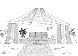 Desert tent graphic black white landscape sketch illustration vector 