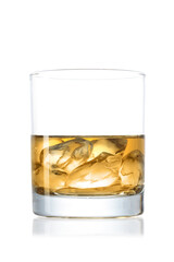 Whiskey glass with ice cubes isolated on white background with clipping path and copy space for your text