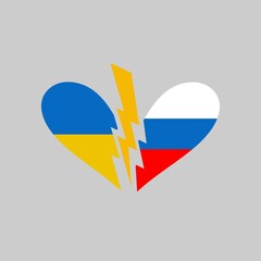 Russia vs. Ukraine. Ukrainian and Russian flags in the form of a broken heart. Ukrainian-Russian military crisis. Conflict between Ukraine and Russia. 