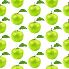 Illustration realism seamless pattern fruit apple green color on a white isolated background. High quality illustration