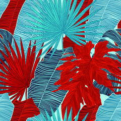 bright seamless vector patterns with juicy bright colorful tropical plants. Tropical seamless patterns for surface design and textile design.