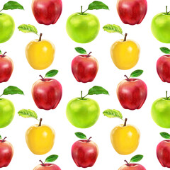 Illustration realism seamless pattern fruit apple of different colors on a white isolated background. High quality illustration