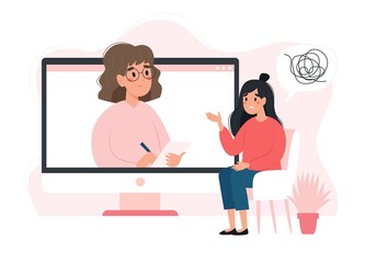 Psychotherapy online - woman talking to psychologist on the screen. Mental health concept, vector illustration in flat style