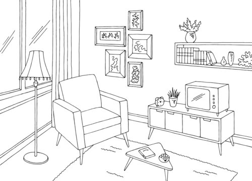 Living room graphic black white vintage home interior sketch illustration vector 