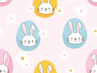 Seamless pattern with Easter rabbit cartoons, eggs and daisy flower on pink background vector illustration.