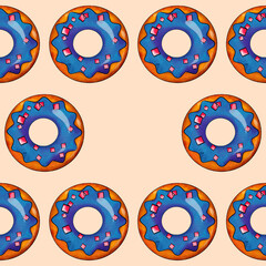Seamless pattern of blue donuts on a beige background. Confectionery sweets top view. High quality illustration