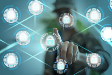Soldier pressing text data integration button on a virtual interface. Big Database Military Technology. Data Integration Information Modern Innovative Technologies Army concept