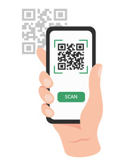 QR code scanning concept. A hand holding a smartphone with a scanning app on a touch screen. Online payment. Vector illustration in flat style isolated on white background. 