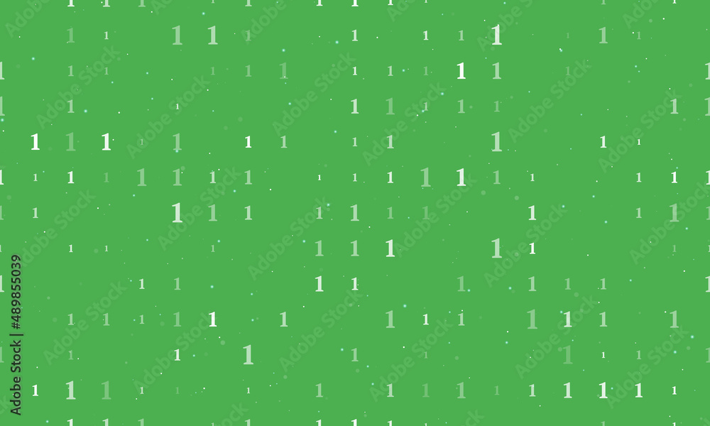 Poster Seamless background pattern of evenly spaced white number one symbols of different sizes and opacity. Vector illustration on green background with stars