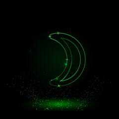 A large green outline moon astrological symbol on the center. Green Neon style. Neon color with shiny stars. Vector illustration on black background