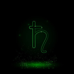 A large green outline astrological saturn symbol on the center. Green Neon style. Neon color with shiny stars. Vector illustration on black background