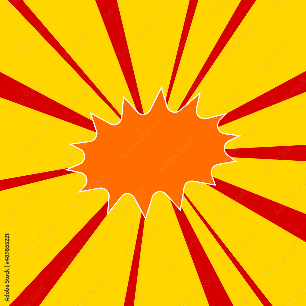 Poster explosion symbol on a background of red flash explosion radial lines. the large orange symbol is loc