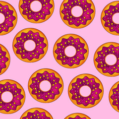Seamless pattern of donuts in lilac color on a pink background. Confectionery sweets top view. High quality illustration