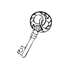 Sketch of an old vintage handmade door key on a white background.