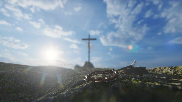 Crucifixion of Jesus Christ with thorn crown, nails, hammer and a rope against blue sky and flying pigeons, 4K