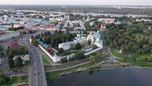  Picturesque summer view of russian town of Yaroslavl with many churches and Kotorosl river at sunset