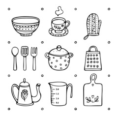 Kitchen doodle set. Utensil isolated in white background. Hand-drawn vector illustration. 