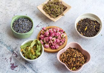 Dried herbs for tea ,linden ,lavender ,tea roses ,green tea and thyme	