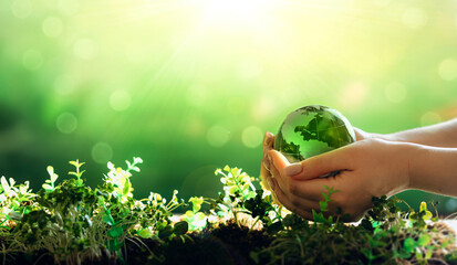 Hand holding crystal earth globe. Environment day, save clean planet, ecology concept. Earth Day.Renewable energy-based green businesses can limit climate change and global warming.
