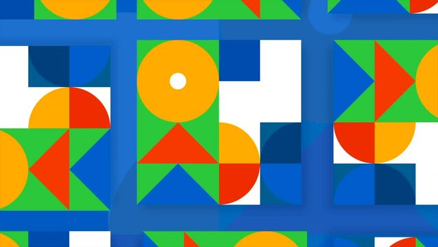 Animated collage of geometric shapes. Motion. Colorful geometric shapes move in animated application. Geometric retro poster