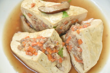 steamed white tofu topping mashed pork on plate
