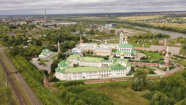 Drone view of the Epiphany Staro-Golutvin Monastery, located in a picturesque place on the outskirts of the city of Kolomna, Russia.