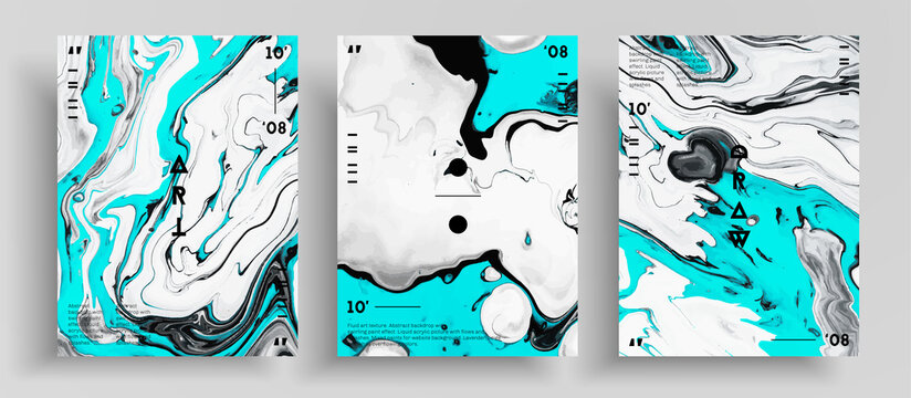 Abstract liquid banner, fluid art vector texture collection. Artistic background that applicable for design cover, invitation, flyer and etc. Black, aquamarine and white creative iridescent artwork.