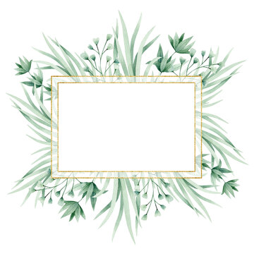 Watercolor illustration card green branches, grass, rectangle gold  frame. Isolated on white background. Hand drawn clipart. Perfect for card, postcard, tags, invitation, printing, wrapping.