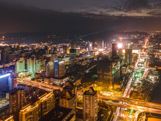 Fototapeta na wymiar Aerial photography of night view of Wulin Square in the old city of Hangzhou