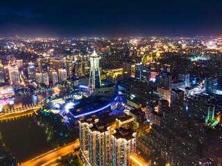 Fototapeta na wymiar Aerial photography of night view of Wulin Square in the old city of Hangzhou