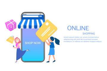 Shopping online concept woman happy with sale products and another lady holding credit card shopping on smart phone..