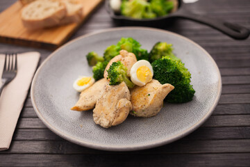 chicken breast with broccoli and quail eggs on plate for healthy dinner
