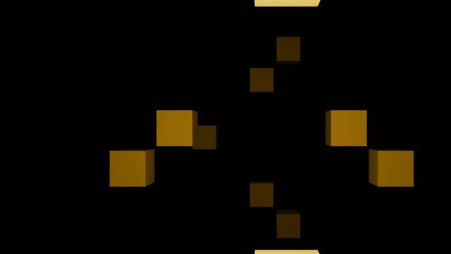 Flying 3D golden cubes on a black background, seamless loop. Design. Big glowing figures flying away in the dark.