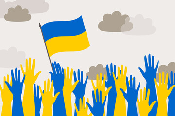 Manifestation of protest against the war in Ukraine. The people hold the national flag in their hands against the background of gloomy clouds. War between Russia and Ukraine February 24, 2022. 