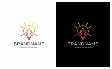 Line art fire flame lamp light bulb hot spirit think idea thoughts power logo design symbol. on a black and white background.