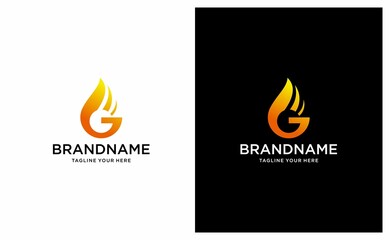 Vector illustration of abstract letter G with fire flames and Orange Swoosh design on a black and white background.