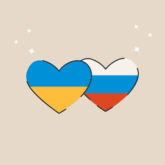 Russian and Ukrainian national flag in heart shape. Concept of peace and truce. Stop war. No to war in Ukraine. Antiwar square card in flat style. Vector illustration isolated on white.