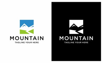 Mountain River Logo Design Template. on a black and white background.