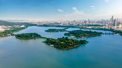 Aerial photography of lakes and city buildings in Nanjing, China