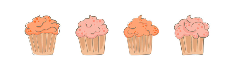 hand drawn cupcake with cream and topping. simple cartoon food illustration of cake