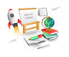 Flat isometric illustration concept. rocket launch back to school